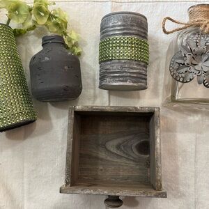 Home Decor Bundle 8 PCs Drawer Tin Glass Bottles Metal Wood Faux Flowers Green
